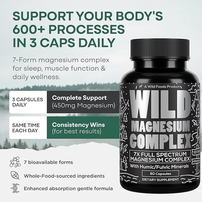 Wild Foods Magnesium Complex Supplement with 7X Forms 90 Capsules | High Absorption Full Spectrum Easy Digestion | 500mg Glycinate Bisglycinate Malate Orotate Citrate Taurate