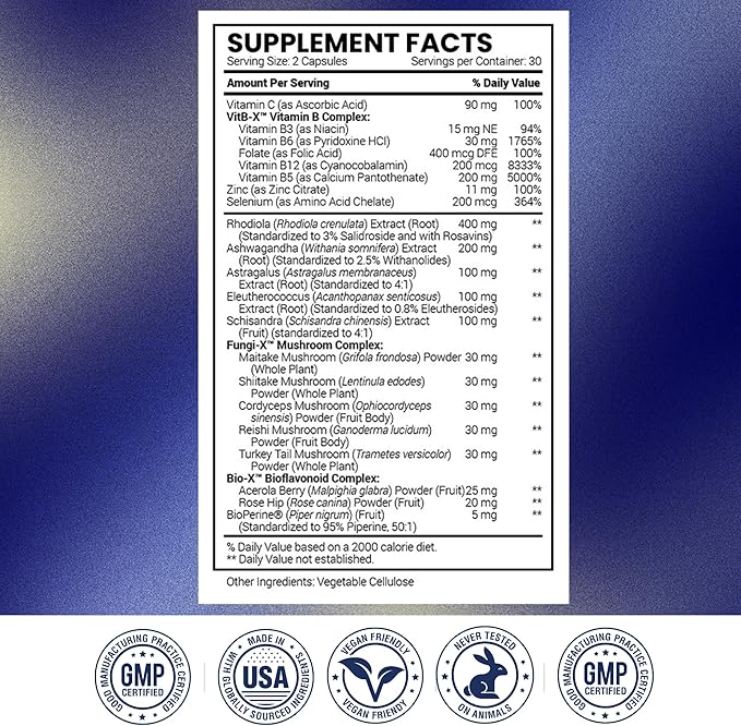 Research Verified Adrenal Support - 60 Capsules - Support Adrenal Gland Function Boost Energy Balance Cortisol - Mushrooms B-Vitamins Bioflavonoids BioPerine