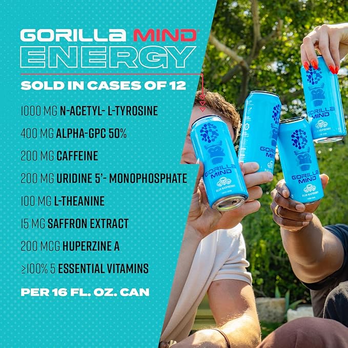 Gorilla Mind Energy Drink | Unmatched Energy · Amplified Focus | N-Acetyl-L-Tyrosine Alpha-GPC 200mg Caffeine Uridine Saffron | 0 Sugar Or Artificial Colors | 16oz | 12-Pack (Variety Pack #2)