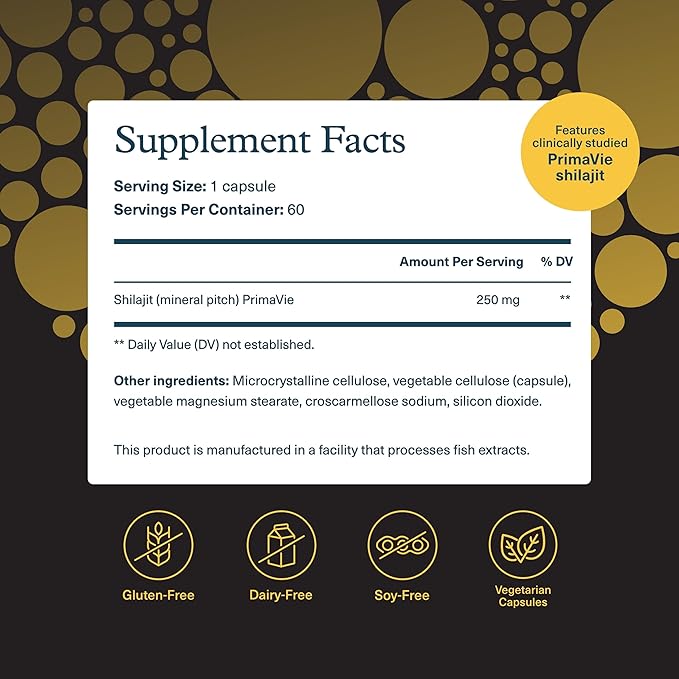 Youtheory Men’s Shilajit - Shilajit Capsules with PrimaVie Extract - Supports Stress Relief Muscle Growth &amp Bone Health - Compatible with Vegan Diet - 60 Capsules (60-Day Supply)