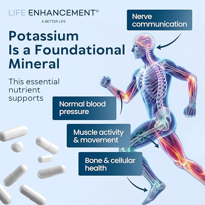 Life Enhancement High Potency 1020 mg Potassium Supplement for Muscle Brain &amp Bone Health - No Additives High Absorption Elemental Potassium Supplement Made in USA (240 Capsules – 120 Servings)
