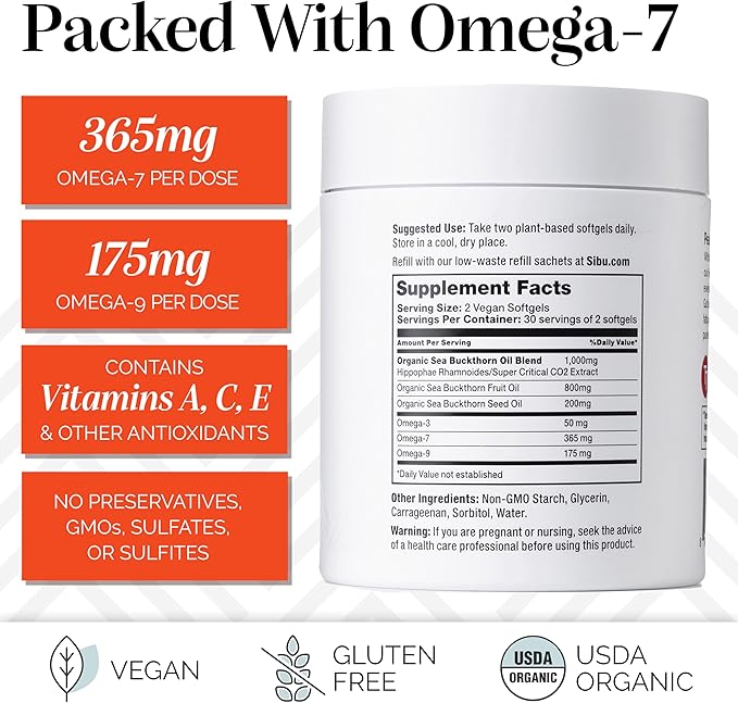 sibu Sea Buckthorn Omega-7 Softgels Starter Kit (60ct 30 Day Supply) – Supplement for Healthy Skin Hair Nails and Dryness