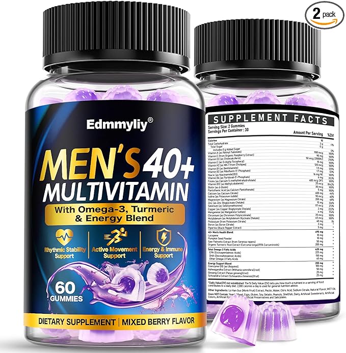 Multivitamin Gummies for Men 40 Plus - Vitamin A C D E B6 B12 with Omega-3 Calcium for Men - Energy &amp Immune Support Daily Vitamins - Sugar-Free &amp Vegan