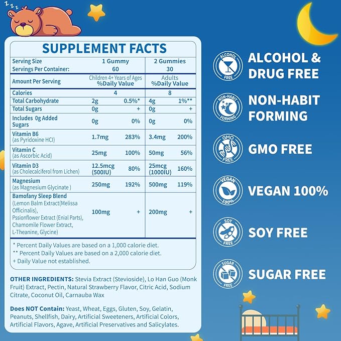 Magnesium Glycinate Gummies for Kids 4+ &amp Adults 500/250mg Kid Sleep Sugar Free Strawberry Flavor Magnesium Glycinate with Vitamin D3 &amp B6 Sleep Support - 120 Count