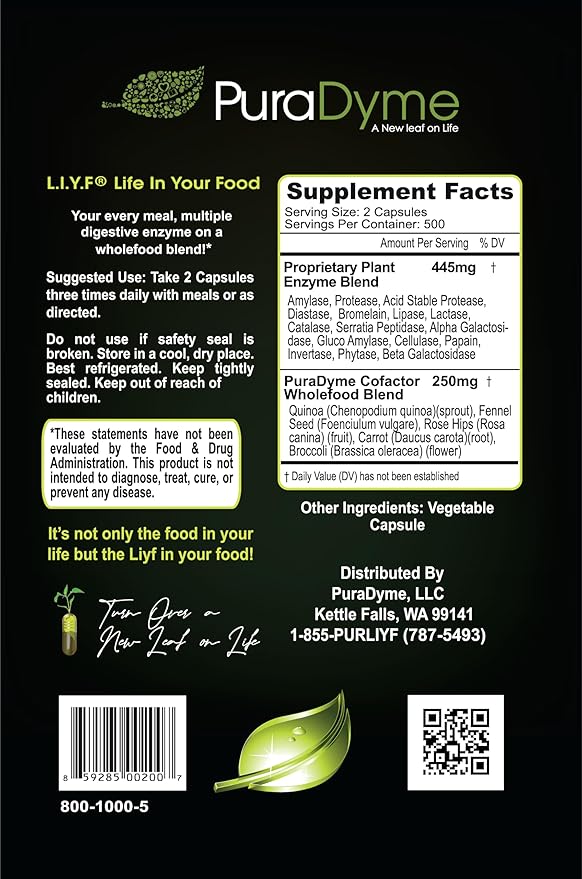 LiyfZyme – 1000 Vegan Capsules – Plant-Based Enzyme Supplement for Protein Fat and Carbohydrate Breakdown