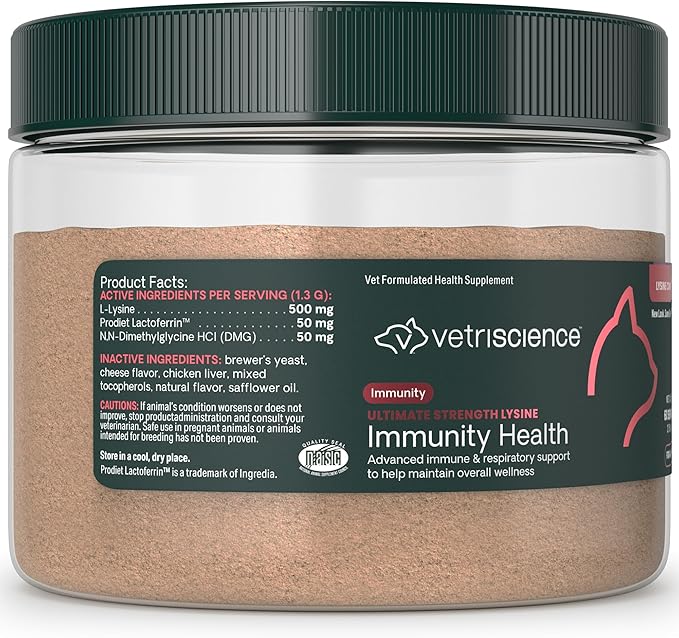 VetriScience Ultimate Strength Lysine Immunity Health Powder for Cats &amp Kittens Supplement for Allergy &amp Nasal Support Sneezing Runny Nose &amp Watery Eyes Chicken &amp Cheese Flavor 60