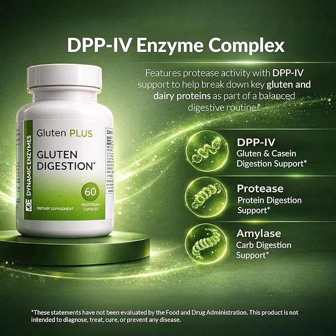 Gluten Plus Advanced Digestive Enzymes – DPP-IV Enzyme Complex for Gluten &amp Casein Digestion – Helps Digest Wheat Barley &amp Rye – Supports Digestive Comfort – 60 Veg Capsules
