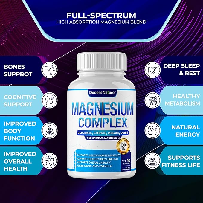 Magnesium Complex 7 Elemental Magnesium Supplement 1000mg – Magnesium Glycinate Citrate Malate Taurate Oxide Aspartate Orotate Non-GMO 90 Capsules