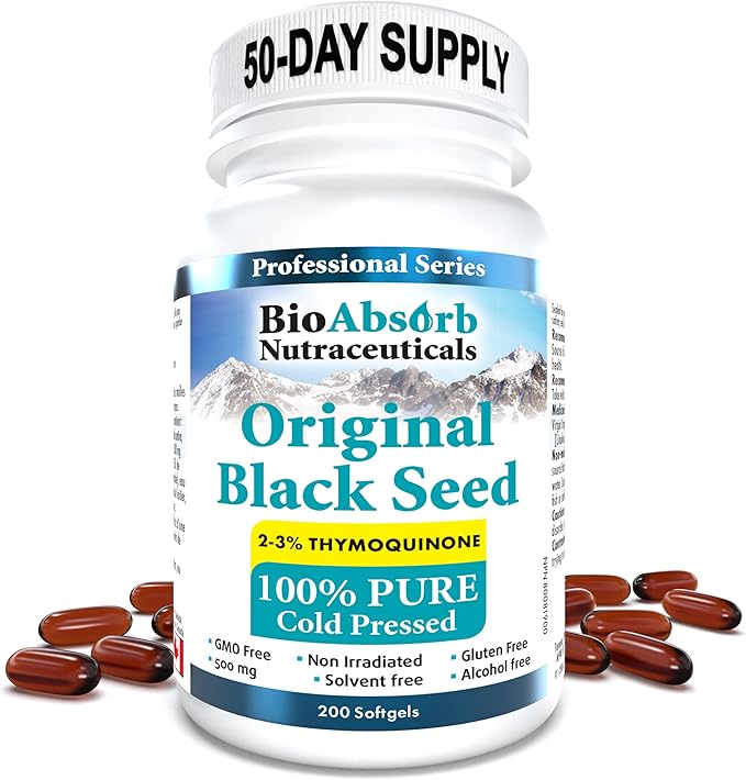 Bio Absorb Black Seed Oil Cold Pressed Capsules. 200 softgels 500mg (50-Day Supply). No Aftertaste.