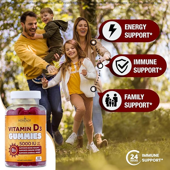 NEW AGE Vitamin D3 5000 IU 125mcg Gummies - Immune Supplement - Non-GMO Gluten-Free Dairy-Free No Gelatin (180 Gummies (Pack of 3))