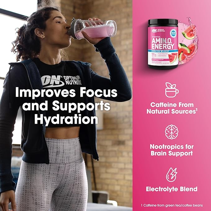 Optimum Nutrition Amino Energy Powder Plus Focus with BCAA Electrolytes and Caffeine Watermelon 30 Servings (Packaging May Vary)