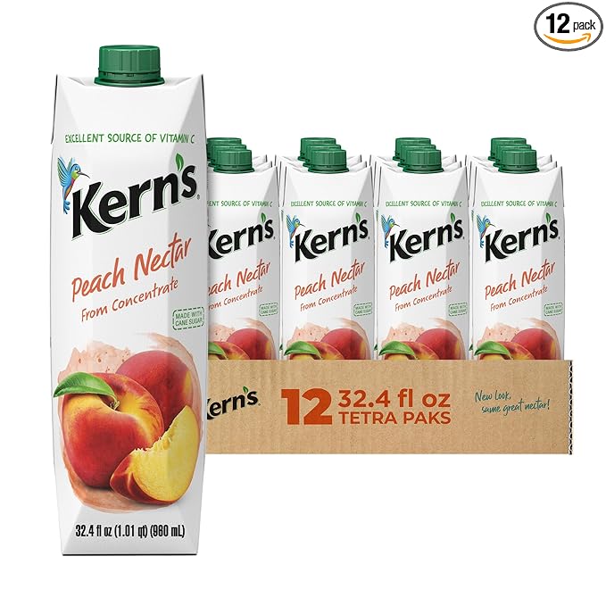 Kern’s Peach Juice Nectar - Peach Nectar Made with Fresh Fruit Puree - Tropical Fruit Juice Concentrate for Smoothie Mix Cocktail Mixers Kids Drinks &amp Mexican Beverages - 32.4oz 12 Pack Carton