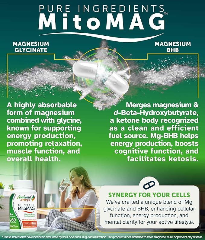 Blissful MitoMag – 300mg Elemental Magnesium Complex: Mg Glycinate Mg BHB - Sleep Muscles Mood Energy Cognitive Focus Calm – All Natural USA Made No Additives – 60 Vegan Capsules Supplement