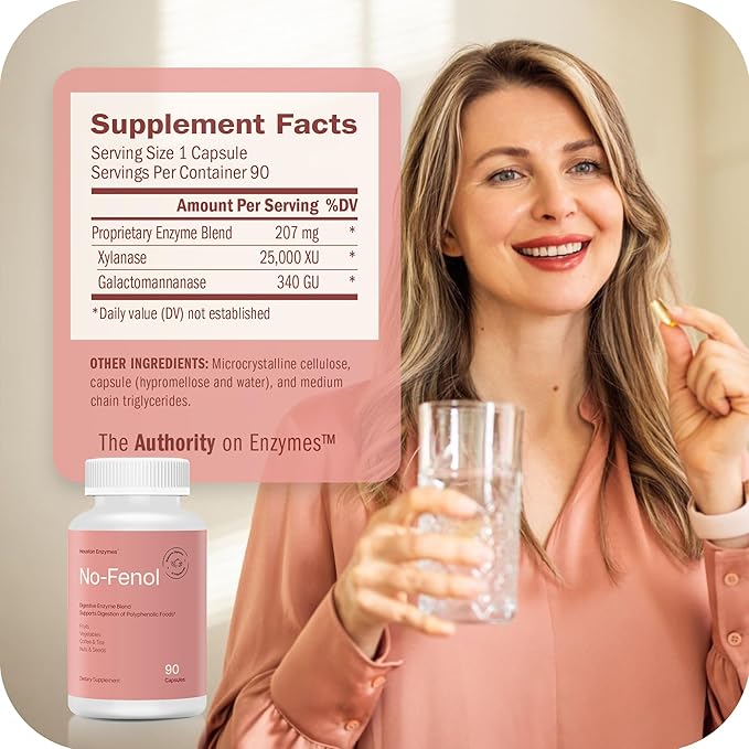 Houston Enzymes No-Fenol - Digestive Enzyme Supplement for Polyphenolic Digestion and Fruits &amp Vegetable Fibers - Digestive Enzymes for Women and Men (90 Capsules)