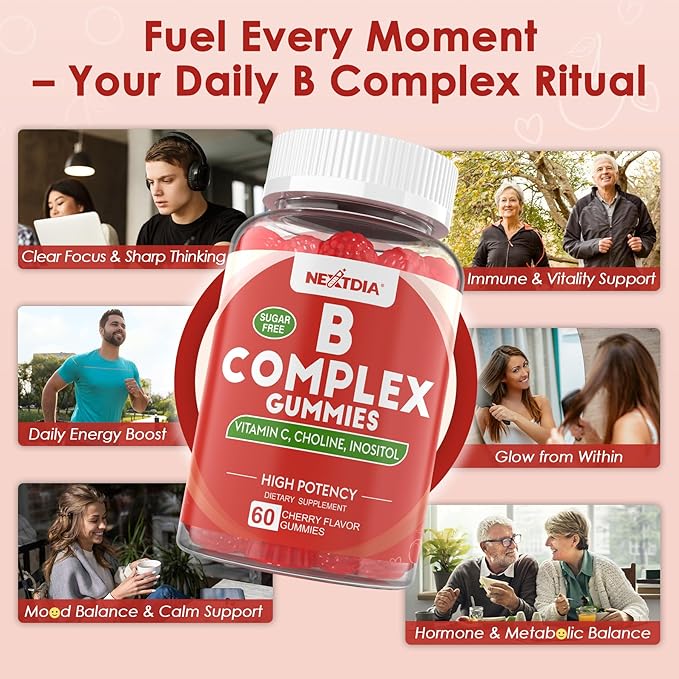 Vitamin B Complex Gummies Vegan Vitamin B Gummies with 2000 mcg Methyl B12 Methyl Folate | Plus Choline + Inositol Vitamin C + Zinc for Supports Energy Mood Immune Healthy Hair Skin - 60 Cts