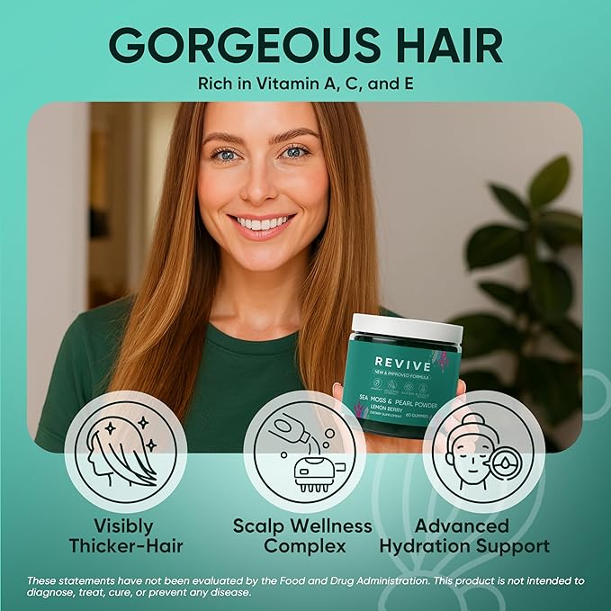 Balmbare Revive Gummies for Hair Loss - Sea Moss Gummies with Vitamin C Vitamin E Aloe Vera Pearl Powder Supports Faster Hair Growth Stronger Nails Extra Strength - 60 Count (1)
