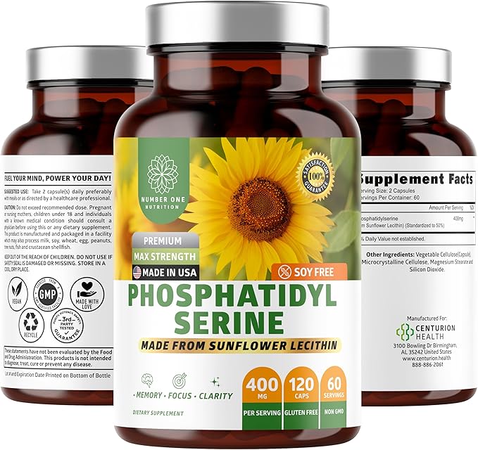 Number One Nutrition Premium Phosphatidylserine 400mg Derived from Sunflower Lecithin to Help Support Memory Focus &amp Cognition Naturally Soy Free 120 Veg Caps