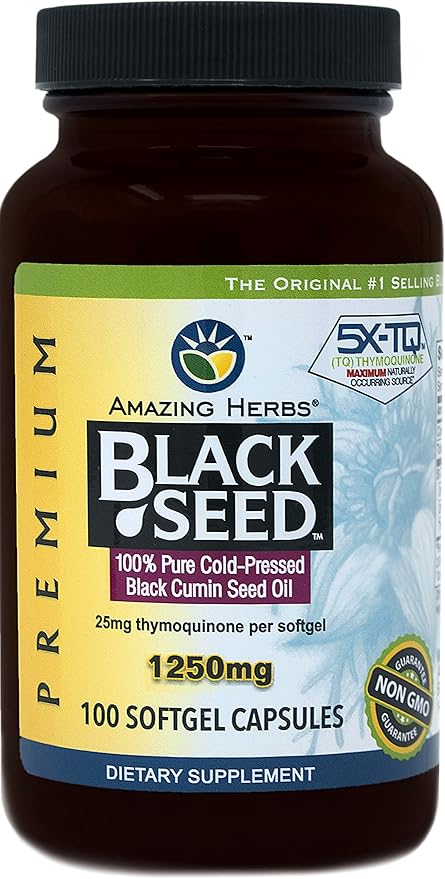 Amazing Herbs Black Seed Oil Pills 1250mg 100 Softgel Capsules - Cold-Pressed | Non GMO