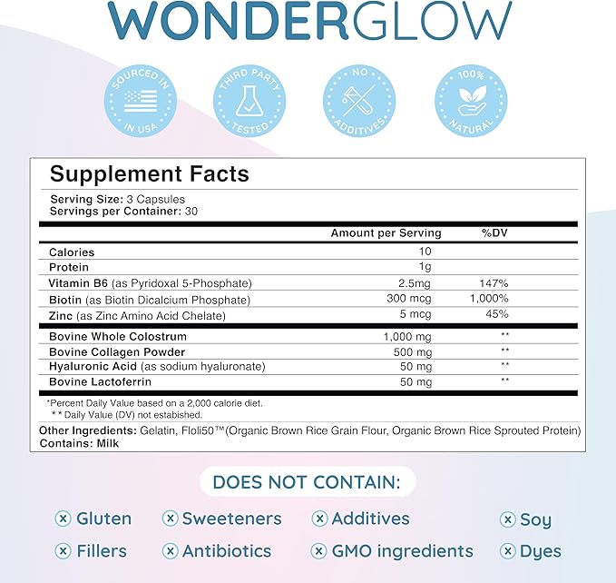 WONDERCOW Hair Skin and Nails Vitamins w/Bovine Colostrum Collagen Hyaluronic Acid Biotin Zinc &amp Lactoferrin┃Supports Faster Hair Growth Stronger Nails and Glowing Skin (30 Servings Capsule