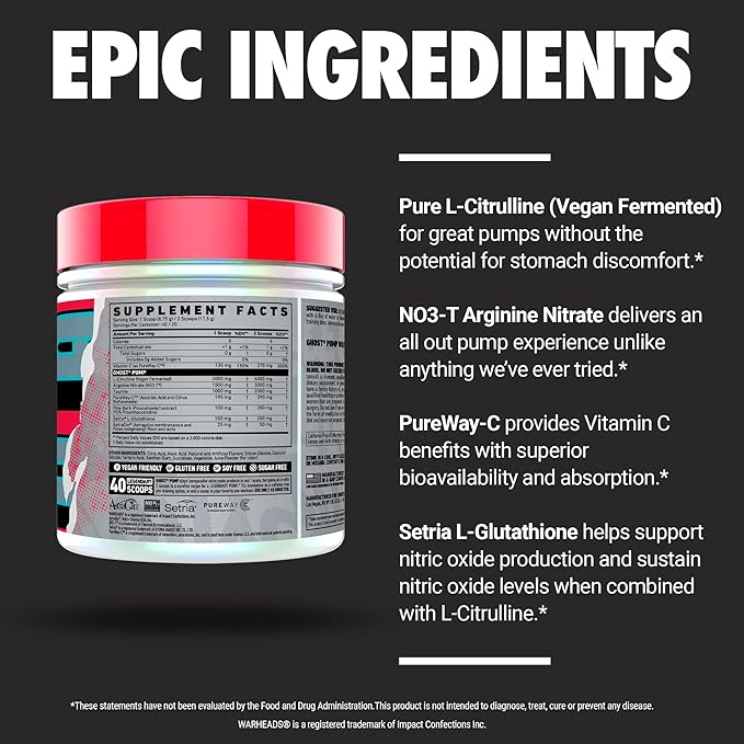 GHOST Pump Nitric Oxide Powder Warheads Sour Watermelon - 40 Servings - Sugar &amp Stim-Free Pre-Workout Supplements- L-Citrulline Arginine Nitrate &amp L-Glutathione - Soy &amp Gluten-Free Vega