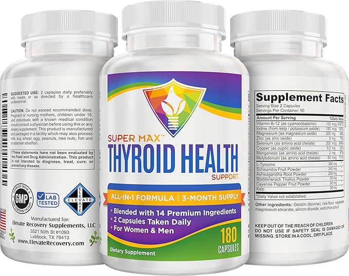 Thyroid Support (3-Month) Supplement All-in-1 with 14 Active Ingredients in 1 Formula | Thyroid Health Support Supplements | Women &amp Men | 90-Day Bulk Supply | 180 Capsules