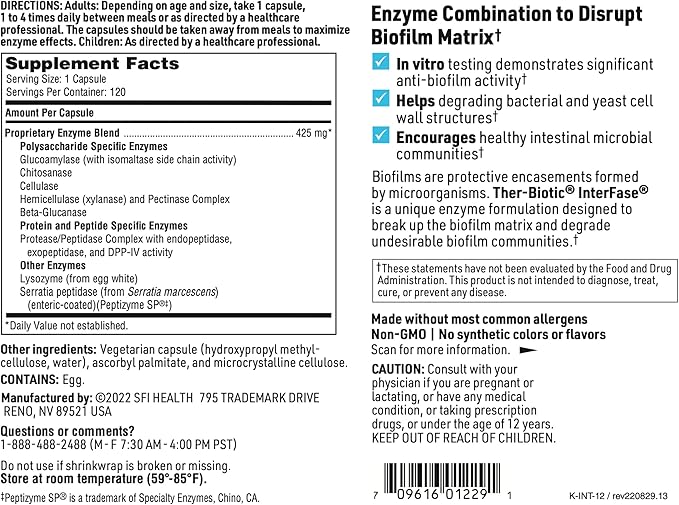SFI Health Klaire Labs Ther-Biotic InterFase - Multi Enzyme Formula for Digestive Health &amp Gut Balance - Designed to Support a Healthy Microbiome (120 Capsules)