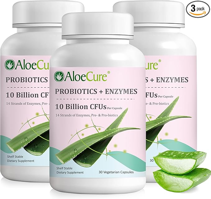 AloeCure Daily Probiotics 10 Billion CFU for Digestive Support 8 Strains 6 Prebiotics &amp Enzymes - Digestive Supplement with Bromelain for Women &amp Men - Gut Support Digestive Relief 30 Caps