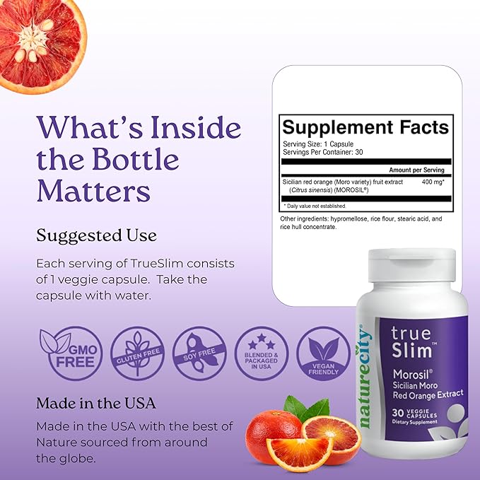 NatureCity True-Slim Morosil Weight Management Capsules | 400mg Sicilian Blood Orange Extract | Supports Reduction of Belly Fat &amp Waist Size | 60 Veggie Capsules | Non-GMO Gluten-Free | Made in U