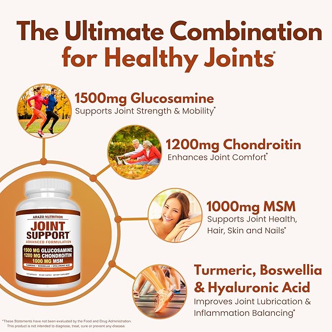 Arazo Nutrition Glucosamine Chondroitin Turmeric Msm Boswellia - Joint Support Supplement for Relief 120 Capsules for Bones Back Knees Hands (120 Capsules)