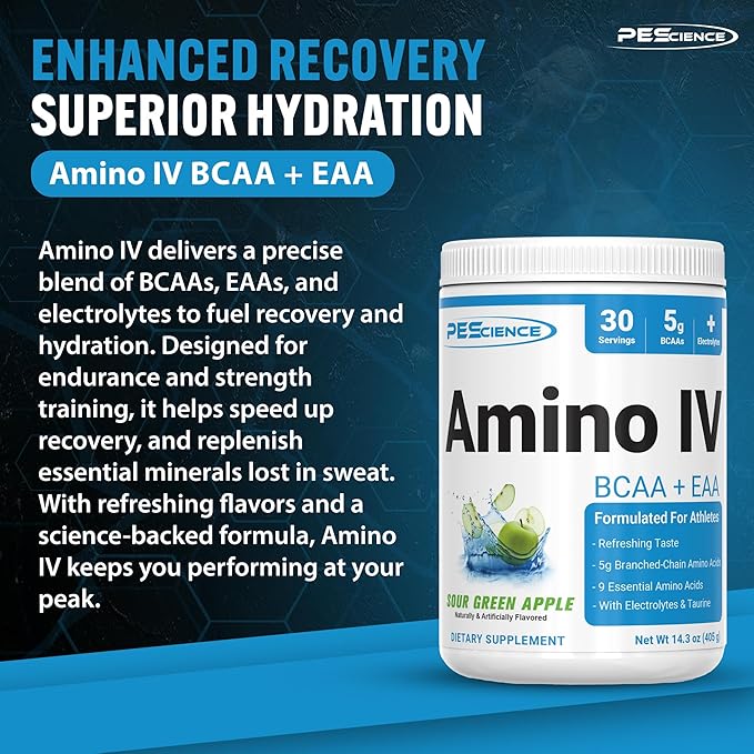 PEScience Amino IV BCAA &amp EAA Powder Essential Amino Acids Taurine Electrolytes for Hydration and Muscle Recovery Sugar Free for Men &amp Women Post Workout - Sour Green Apple 30 Servings
