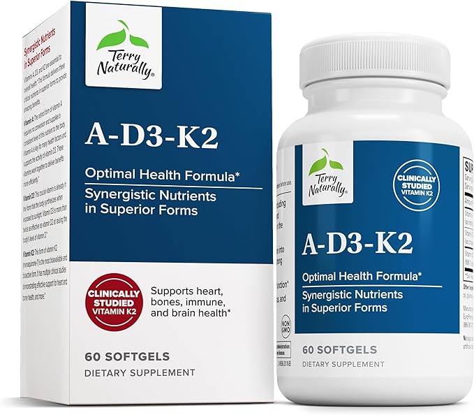 Terry Naturally A•D3•K2 - Healthy Supplement for Immune Support Heart Health &amp Bone Support - Supplement for Strong Bones &amp Healthy Heart - Includes Vitamins A D3 &amp K2-60 Softgels (60 Se