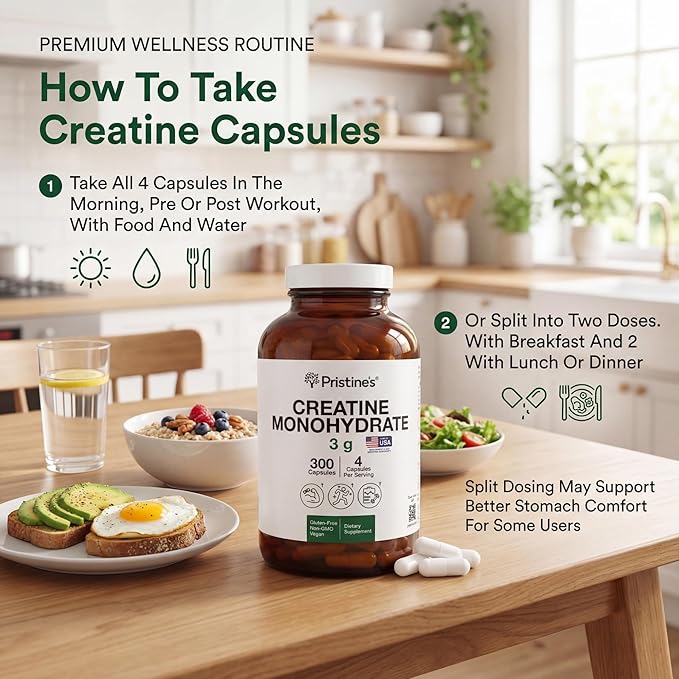 PRISTINE'S Creatine Monohydrate Capsules for Women &amp Men - NSF Certified 75 Day Supply 3G Creatine Pills for Women - Cognitive &amp Athletic Performance Support - Enhanced Recovery Glass Bottle