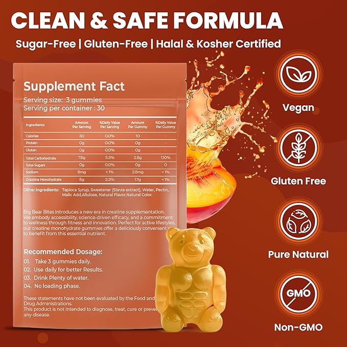 Creatine Monohydrate Gummies Bundle – Peach &amp Green Apple | 5000mg Per Serving | Sugar-Free Gluten-Free &amp Halal | 180 Gummies Total (2 x 90 Count) | for Men &amp Women