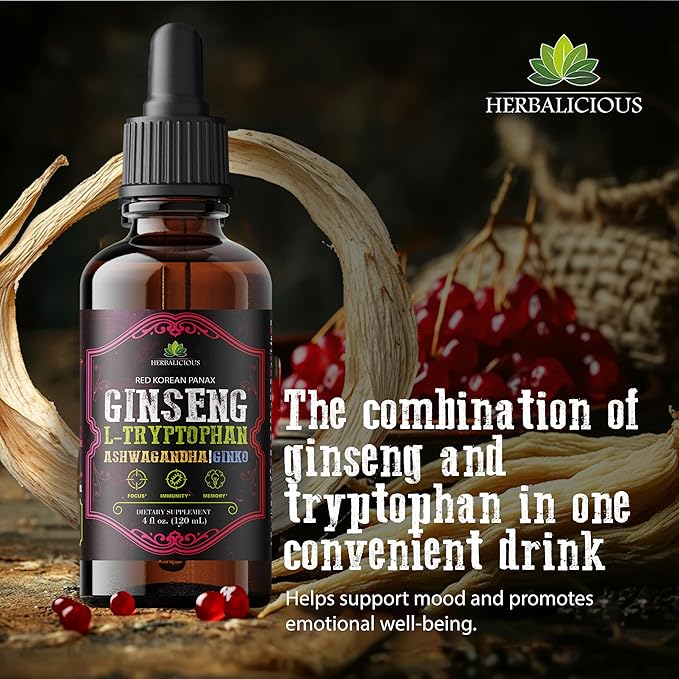 Red Korean Panax Ginseng Liquid Drops with L-Tryptophan Ashwagandha &amp Ginkgo – Herbal Adaptogen Blend for Daily Wellness – Alcohol Free Liquid Supplement – 4 fl oz (120 mL)