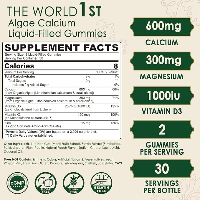 Plant Based Calcium Gummies 600mg with Vitamin D3 K2 Magnesium Zinc for Bone Strength Sugar Free Calcium Supplements for Women &amp Men (Certified Vegan) from Sustainably Organic Red Algae - 60 Co