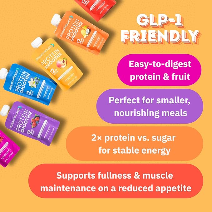 Designer Wellness Protein Smoothie Real Fruit 12g Protein Low Carb Zero Added Sugar Gluten-Free Non-GMO No Artificial Colors or Flavors Mixed Berry 12 Count