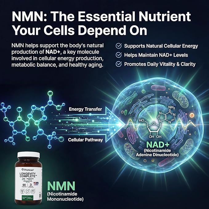 PRISTINE'S Longevity Complete Anti Aging NMN Complex - Advanced Cellular Support - NMN 500mg Berberine 500mg Resveratrol 250mg Healthy Aging Autophagy &amp NAD+ Support - Glass Bottle