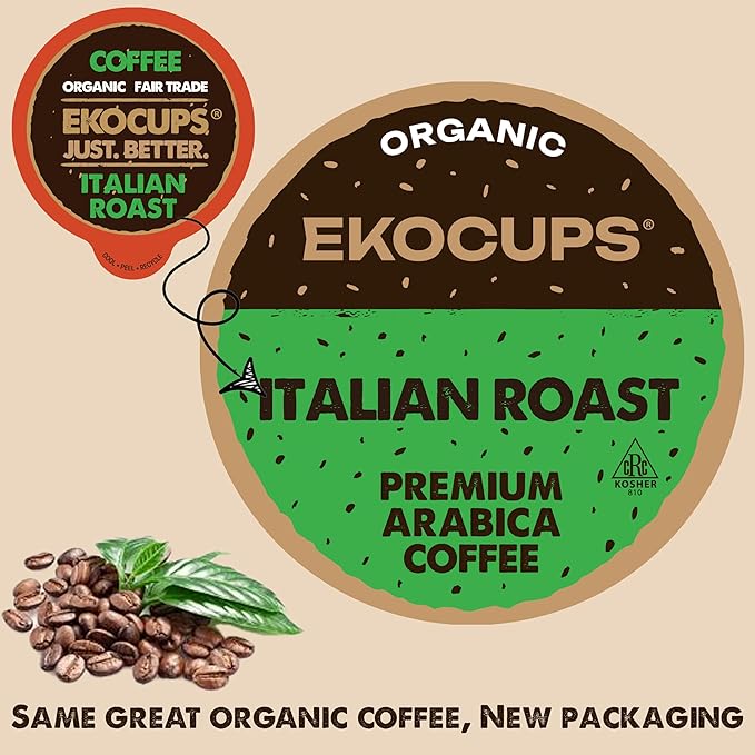 EKOCUPS Organic Italian Roast Coffee Pods Extra 30% More Coffee Per Cup Artisan Fair Trade Dark Roast Italian Roast for Keurig K Cup Machines Recyclable Pods 40 Count