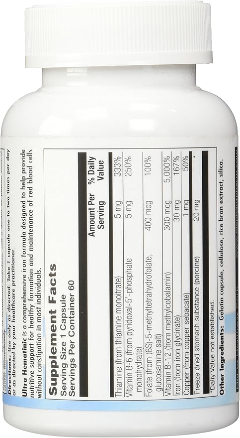 Nutra BioGenesis - Ultra Hematinic - Iron B Vitamins and Copper for Iron Absorption RBC Support and Energy - 60 Capsules