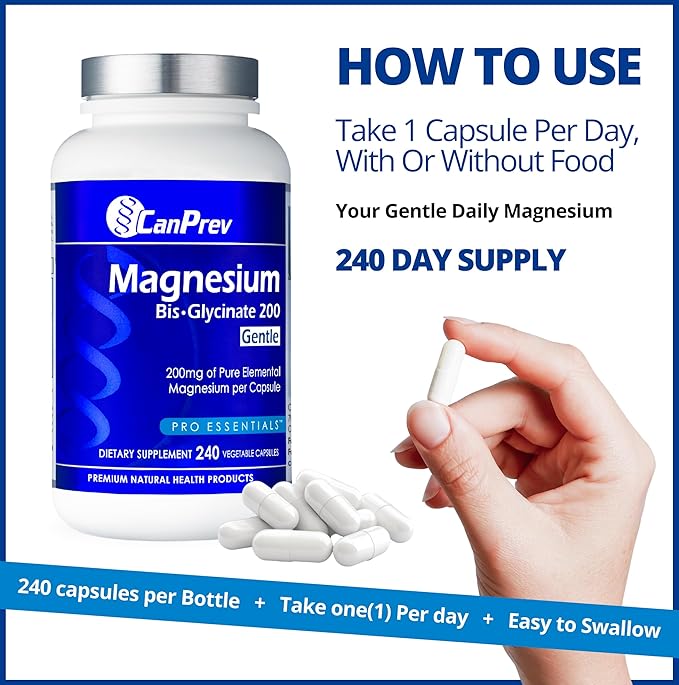 CanPrev Magnesium BisGlycinate Gentle 200mg 240 v-Caps 240-Day Supply - Pure Elemental Magnesium Supplement Supports Bone and Muscle Function Gentle on Stomach Perfect for Daily Magnesium Needs
