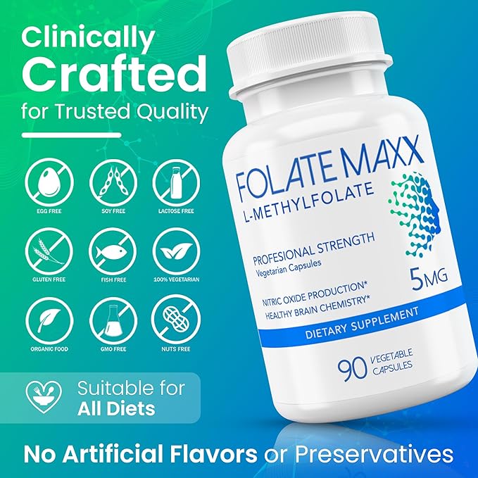 FolateMaxx L Methylfolate 5mg 90 Capsules – Doctor Formulated Methyl Folate Supplement for Women &amp Men – High Potency 5-MTHF for Energy Mood &amp Focus – Non-GMO Gluten-Free (3-Month Supply)