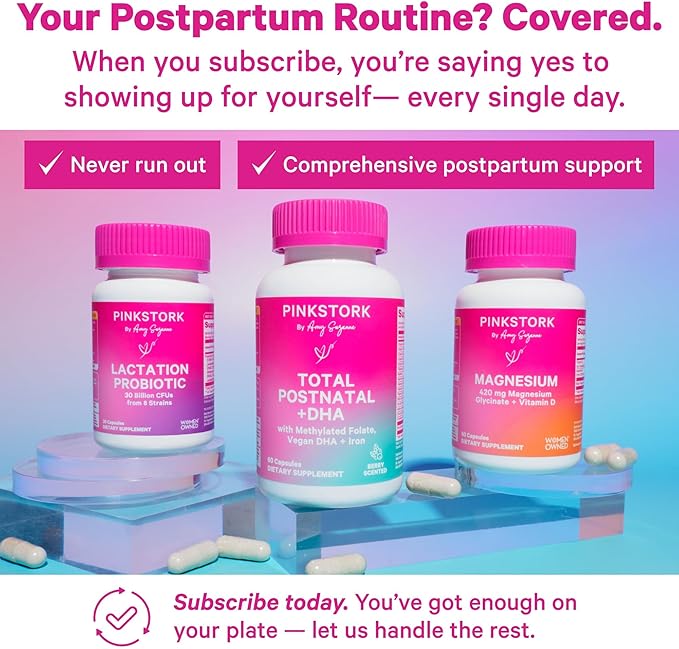 Pink Stork Total Postnatal Vitamins for Women | Vegan DHA Iron Folate B12 | Postpartum Recovery Essentials | Lactation Support for Breastfeeding Moms | Third-Party Tested - 60 Capsules Berry