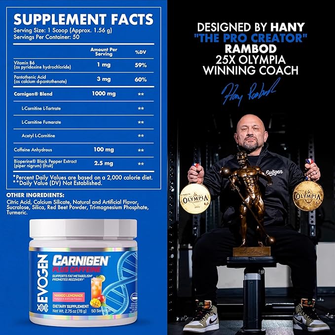 Evogen Carnigen Plus Caffeine - Premium Carnitine Powder | Supports Fat Metabolism &amp Promotes Recovery | L Carnitine Supplement Matrix with Caffeine &amp Acetyl L-Carnitine | Mango Lemonade | 50