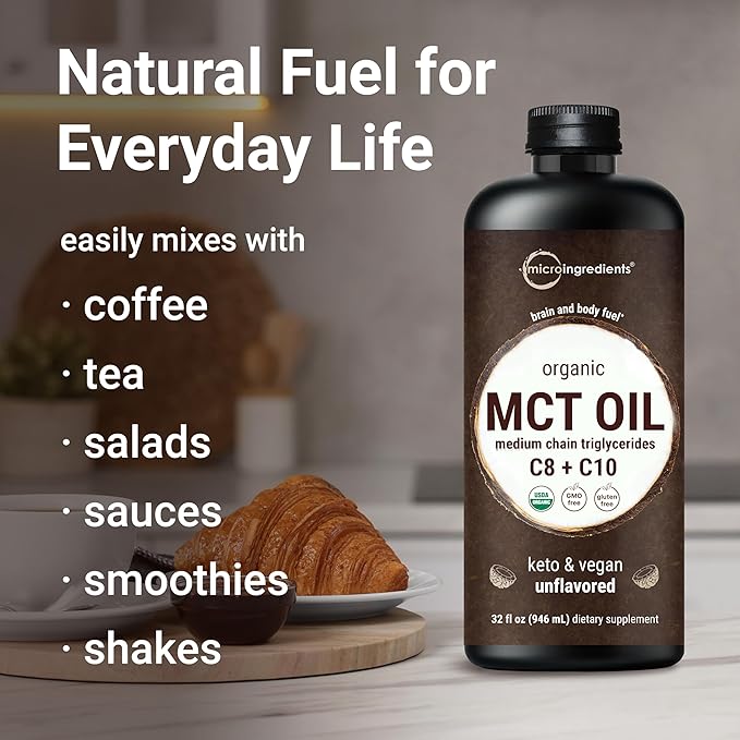 MCT Oil Organic 32 fl oz |100% Virgin Coconut with C8 + C10 Fatty Acids | Great for Coffee or Dressings | Unflavored Keto Vegan