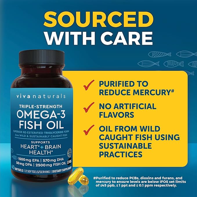 Viva Naturals Omega-3 Fish Oil Triple Strength 2500 mg 60 Softgels – Re-Esterified Omega 3 Fatty Acids Including EPA DHA DPA - Pascatarian-Friendly