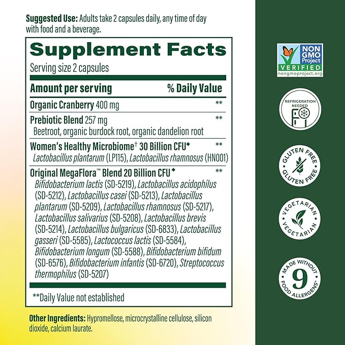 MegaFood MegaFlora Probiotics and Prebiotics for Women with 14 Strains &amp 50 Billion CFUs Cranberry Digestive Health Vegetarian Prebiotics and Probiotics for Women - 60 Capsules (30 Servings)