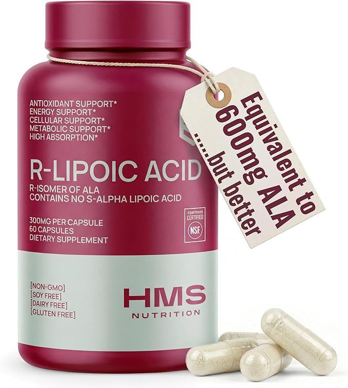 HMS Nutrition Stabilized R-Lipoic Acid 300 mg per Serving — Pure R Alpha Lipoic Acid (R-ALA) High Potency Active R Isomer Antioxidant Nerve &amp Metabolism Support — NSF Certified Non-GMO Vegan 60Cap