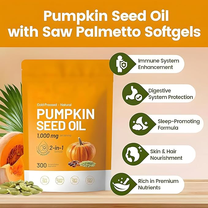 Pumpkin Seed Oil Capsules with Saw Palmetto – Cold Pressed Pumpkin Seed Oil Essential Fatty Acids &amp Phytosterols 300 Softgels for Prostate Bladder &amp Urinary Support Non-GMO 1 Pack