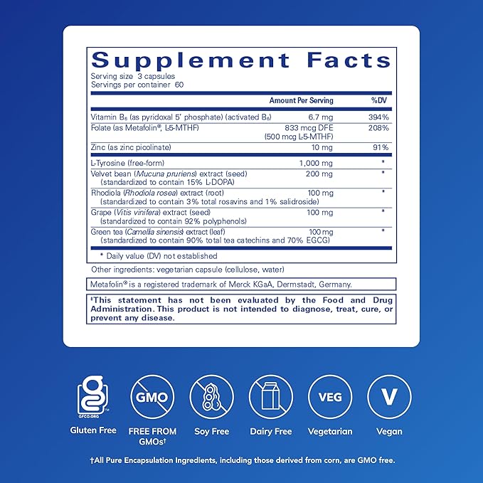 Pure Encapsulations DopaPlus - Supports Dopamine Production - for Daily Brain Function* - with Folate Vitamin B6 &amp L-5-MTHF - Non-GMO &amp Vegan - 180 Capsules