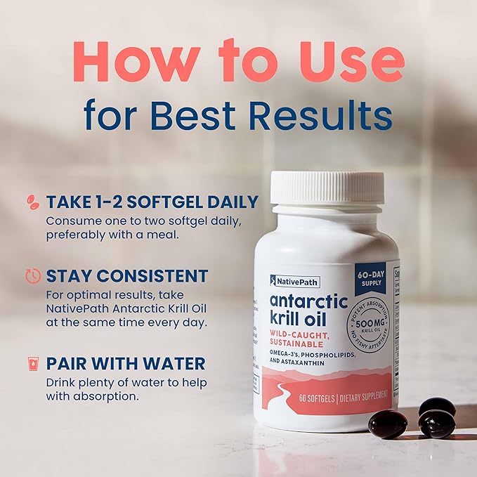 NativePath Antarctic Krill Oil - Wild-Caught Omega 3 Krill Oil 500mg Softgels with EPA DHA and Astaxanthin - Supplement for Joint Heart Brain and Immunity - 60 ct - No Fishy Aftertaste